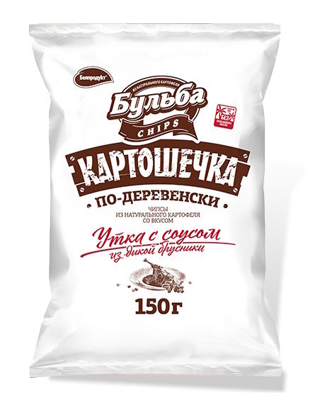 Чипсы из сырого картофеля "Картошечка" со вкусом утки с соусом из дикой брусники 150г 