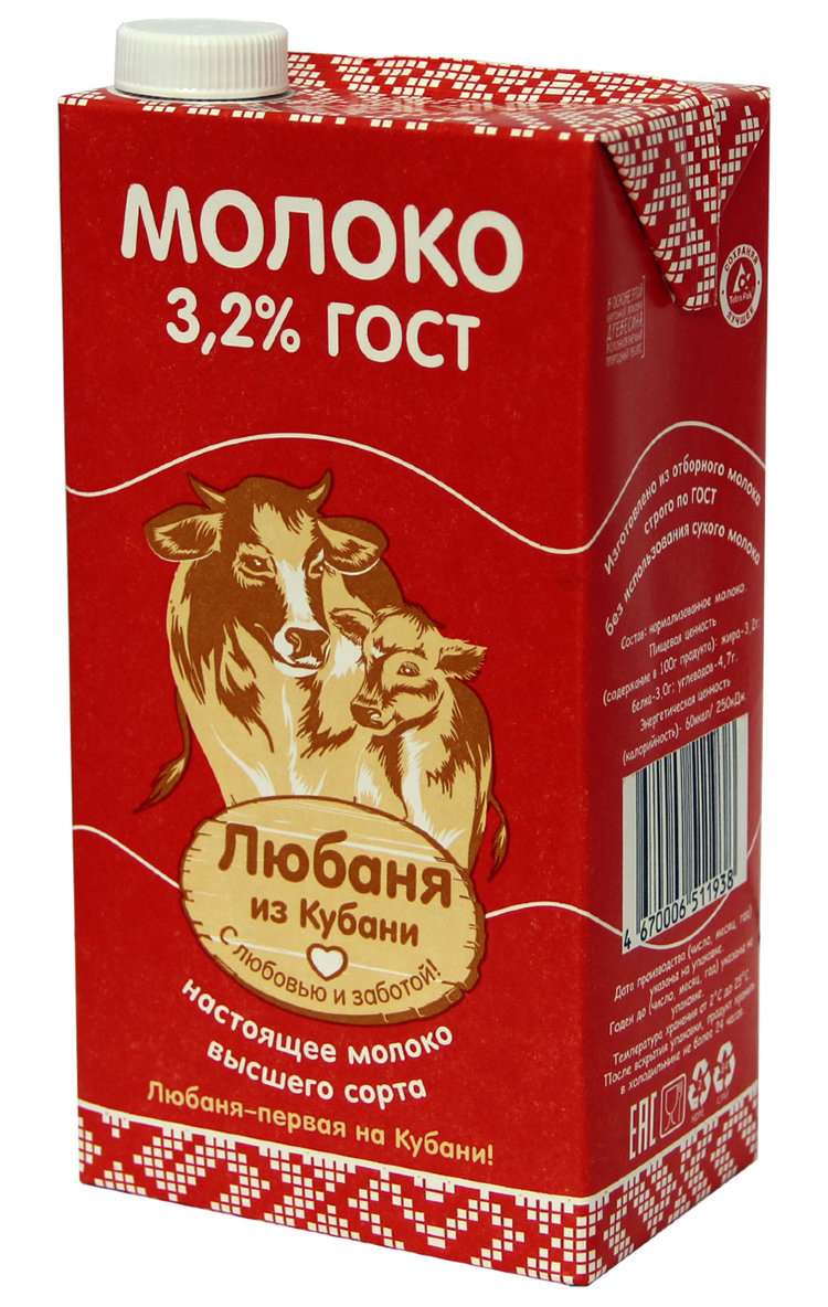 Молоко "Любаня из Кубани"  ультрапастеризованное 3,2% с крышкой в уп. ТБА 1л 1*12