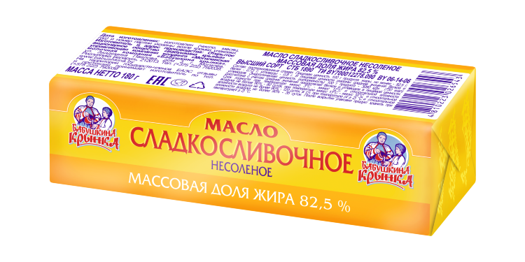 Масло "Бабушкина крынка" сладкосливочное несоленое 82,5%, фольга кашированная 180г  (брусок)