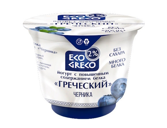 Йогурт "ECO GRECO" с повышенным содержанием белка "Черника" м.д.ж.2% стакан 230г 1*12